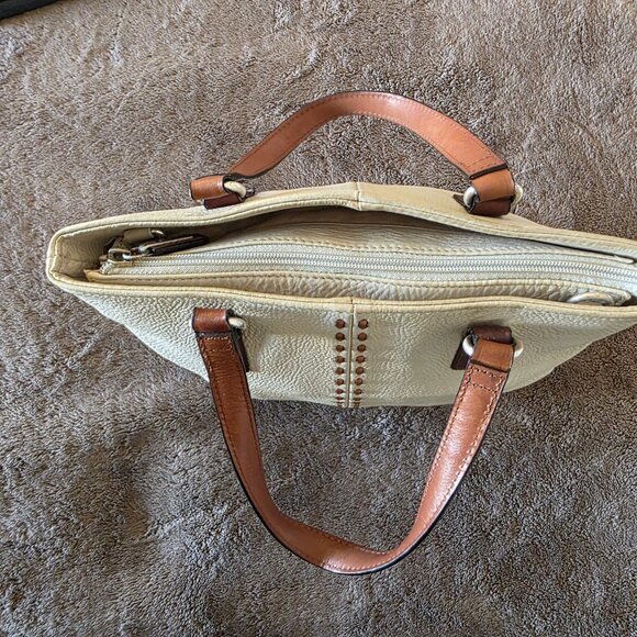 Fossil Pebbled Leather Tote Bag Cream Tan Zip Top Purse - Picture 8 of 16